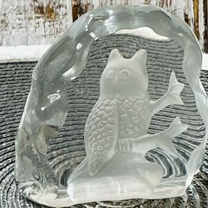 Vintage Owl in Tree Lead Crystal Glass Intaglio Engraved Sculpture